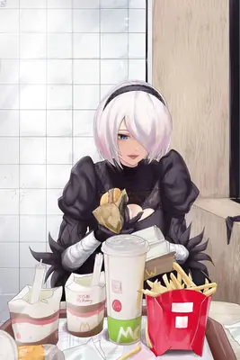 2B (YoRHa No.2 Type B) from NieR: Automata eating fast food in a modern indoor setting.