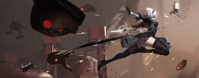 Digital illustration of 2B (YoRHa No.2 Type B) from NieR: Automata in a dynamic combat pose against a post-apocalyptic backdrop.