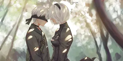 Digital illustration of 2B and 9S from NieR: Automata standing close together in a sunlit forest with dappled light, both wearing blindfolds.