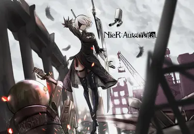 2B (YoRHa No.2 Type B) from NieR: Automata stands atop ruins with sword raised, surrounded by mechanical debris and falling feathers.