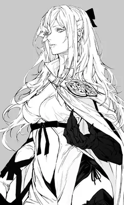 Black and white digital illustration of 2B from NieR: Automata wearing a gothic-lolita outfit with a blindfold and long white hair.