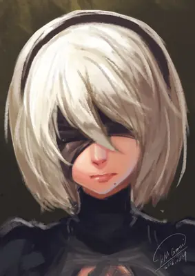 A digital illustration of 2B (YoRHa No.2 Type B) from NieR: Automata, featuring her signature white bob and blindfold.