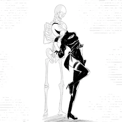 Black-and-white digital illustration of 2B from NieR: Automata hugging a skeleton in a post-apocalyptic setting.
