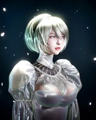Digital illustration of 2B (YoRHa No.2 Type B) from NieR: Automata wearing a gothic-lolita style dress with a blindfold, set against a dark starry background.