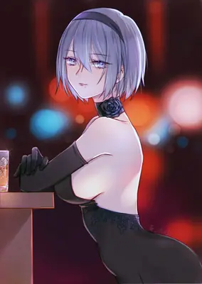 Digital illustration of 2B (YoRHa No.2 Type B) from NieR: Automata, depicted in a gothic-lolita outfit with a blindfold and rose accessory.