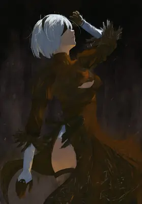 2B (YoRHa No.2 Type B) from NieR: Automata depicted in a dark, flowing gothic-lolita dress with white hair and blindfold, set against a shadowy background.