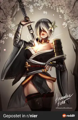Digital illustration of 2B (YoRHa No.2 Type B) from NieR: Automata, depicted in a gothic-lolita style with a blindfold and sword amidst cherry blossoms.