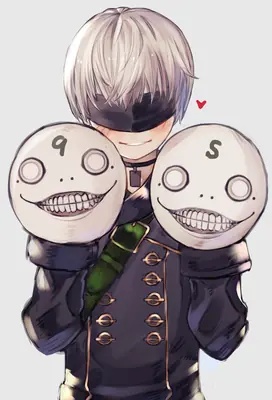 Digital illustration of 2B from NieR: Automata holding two spherical robots labeled '9' and 'S' in a close embrace.