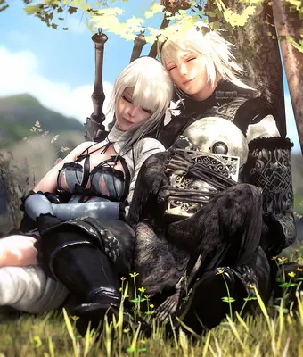 Fan art of 2B and 9S from NieR: Automata resting together in a grassy outdoor setting under a tree.
