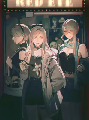 Digital illustration of 2B (YoRHa No.2 Type B) from NieR: Automata standing in a dimly lit urban setting with two other characters.