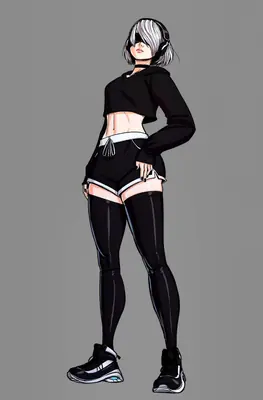 Fan art of 2B (YoRHa No.2 Type B) from NieR: Automata wearing a modern black crop hoodie, shorts, and sneakers with her signature blindfold.