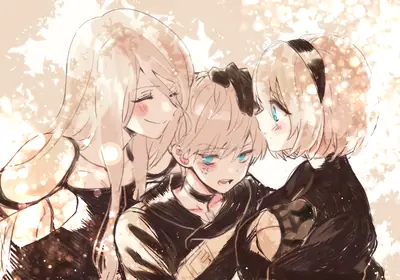 Digital illustration of 2B and A2 from NieR: Automata, featuring two female androids in a close embrace with a soft, glowing background.