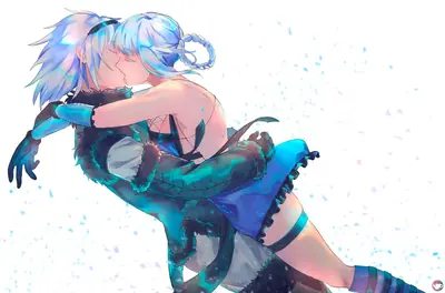 2B (YoRHa No.2 Type B) and 9S from NieR: Automata share an intimate kiss in a glowing, particle-filled digital illustration.