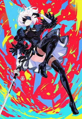 2B (YoRHa No.2 Type B) from NieR: Automata in a dynamic action pose, wielding a sword against a vibrant abstract background.