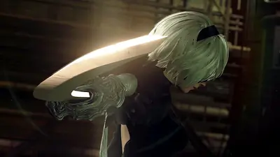 2B (YoRHa No.2 Type B) from NieR: Automata holding a glowing sword in a dimly lit industrial setting.