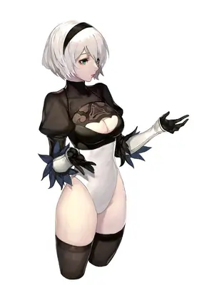 Digital illustration of 2B (YoRHa No.2 Type B) from NieR: Automata, depicted in her signature black and white outfit with a blindfold.