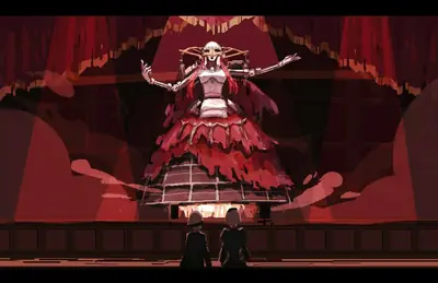 Digital illustration of 2B (YoRHa No.2 Type B) from NieR: Automata wearing a red gothic-lolita dress on a stage with two figures observing her.