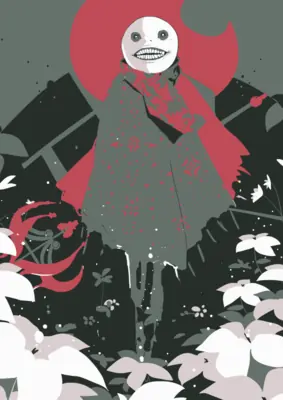 Digital illustration of 2B from NieR: Automata wearing a gothic-lolita outfit with a red cape and blindfold, standing amidst white flowers.