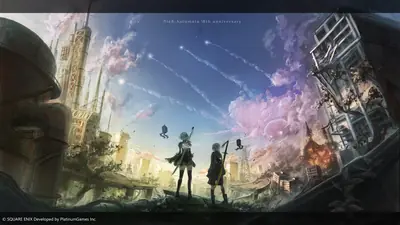 Fan art of 2B (YoRHa No.2 Type B) and 9S from NieR: Automata standing amidst a ruined, post-apocalyptic cityscape with glowing trails in the sky.