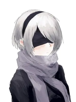 Digital illustration of 2B (YoRHa No.2 Type B) from NieR: Automata wearing a black blindfold and grey scarf.