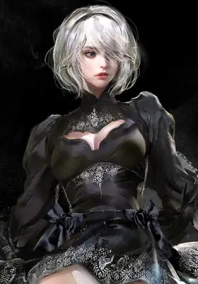 Digital illustration of 2B (YoRHa No.2 Type B) from NieR: Automata wearing a black gothic-lolita dress with lace details and a blindfold.