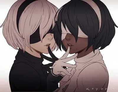 Digital illustration of 2B and A2 from NieR: Automata, featuring two YoRHa androids in a close, intimate pose with blindfolds and distinct hair colors.