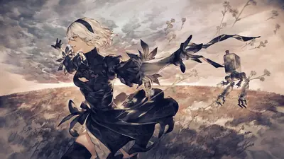 Digital illustration of 2B (YoRHa No.2 Type B) from NieR: Automata standing in a post-apocalyptic field with a robotic unit in the background.