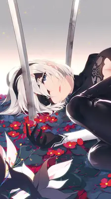 2B (YoRHa No.2 Type B) from NieR: Automata lies peacefully in water surrounded by red flowers, wearing a black dress and blindfold.