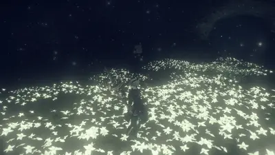2B (YoRHa No.2 Type B) stands amidst glowing white flowers under a starry sky in NieR: Automata.