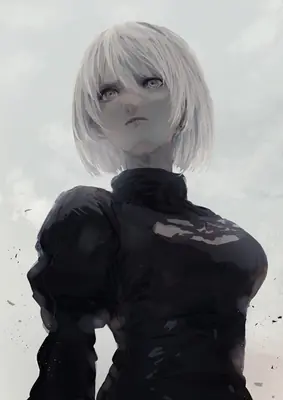Digital illustration of 2B (YoRHa No.2 Type B) from NieR: Automata wearing a black dress with a high collar and short white hair, set against a cloudy sky.