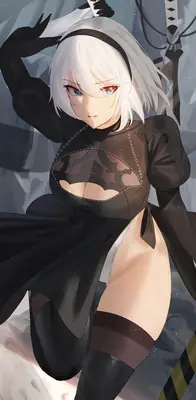 Digital illustration of 2B (YoRHa No.2 Type B) from NieR: Automata in a gothic-lolita outfit with a blindfold and sword, set against a post-apocalyptic backdrop.