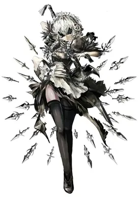 Digital illustration of 2B (YoRHa No.2 Type B) from NieR: Automata, depicted in a dynamic combat stance with flying blades and a blindfold.
