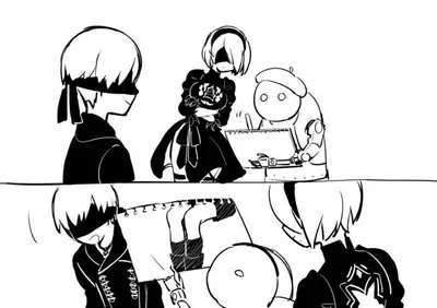 Black-and-white fan art sketch of 2B from NieR: Automata, depicted with a blindfold and gothic-lolita outfit, alongside other characters in a studio setting.