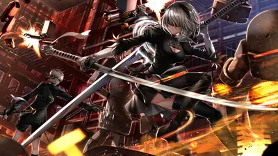 Fan art of 2B (YoRHa No.2 Type B) from NieR: Automata in a dynamic combat pose wielding swords amidst industrial machinery.