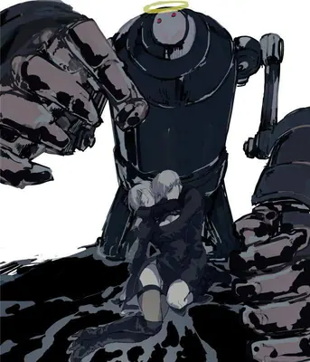 Fan art of 2B (YoRHa No.2 Type B) hugging 9S in a post-apocalyptic setting from NieR: Automata.