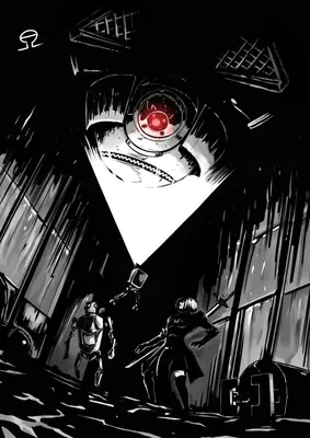 Fan art of 2B from NieR: Automata standing in a rain-soaked, industrial wasteland with a giant machine looming above her.