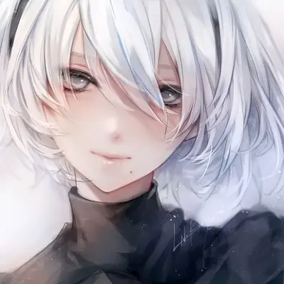 A digital illustration of 2B (YoRHa No.2 Type B) from NieR: Automata with white hair and a black high-collared outfit.