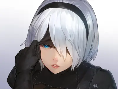 Digital illustration of 2B (YoRHa No.2 Type B) from NieR: Automata, featuring white hair, a black blindfold, and a gothic-lolita outfit.