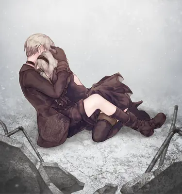 Digital illustration of 2B and 9S embracing in a post-apocalyptic setting from NieR: Automata.