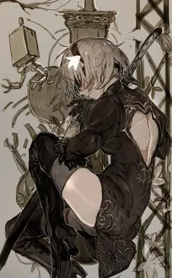 Fan art of 2B (YoRHa No.2 Type B) from NieR: Automata, depicted in a gothic-lolita style with a blindfold and black dress amidst industrial ruins.