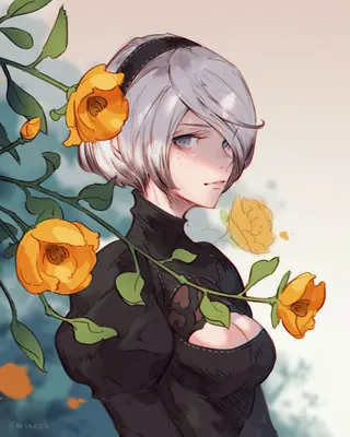2B (YoRHa No.2 Type B) from NieR: Automata holding yellow flowers in a digital illustration.