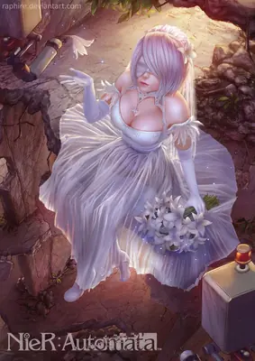 Fan art of 2B (YoRHa No.2 Type B) from NieR: Automata wearing a white wedding-style dress and holding flowers in a post-apocalyptic setting.