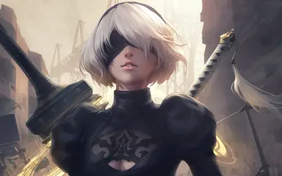 2B (YoRHa No.2 Type B) from NieR: Automata stands in a post-apocalyptic setting with a sword, wearing her signature black dress and blindfold.