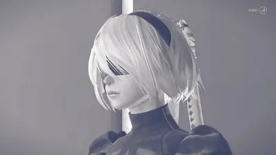 A black-and-white digital illustration of 2B from NieR: Automata, featuring her signature white hair and blindfold.