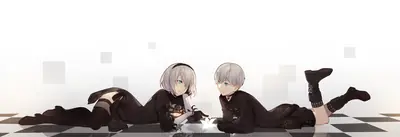 Digital illustration of 2B and 9S from NieR: Automata lying on a checkered floor in a minimalist setting.