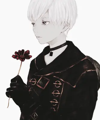 Digital illustration of 2B (YoRHa No.2 Type B) from NieR: Automata holding a red flower, wearing a black gothic-lolita outfit with a blindfold.