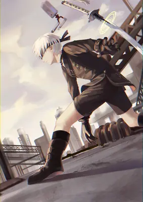 Fan art of 2B (YoRHa No.2 Type B) from NieR: Automata in a dynamic action pose on a post-apocalyptic rooftop.