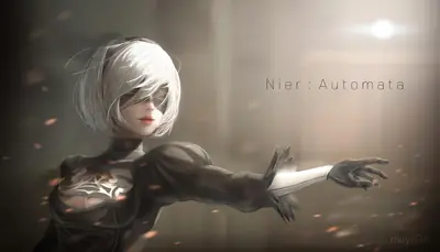 2B (YoRHa No.2 Type B) from NieR: Automata depicted in a gothic-lolita style with white hair and a blindfold, extending her arm in a dramatic pose.