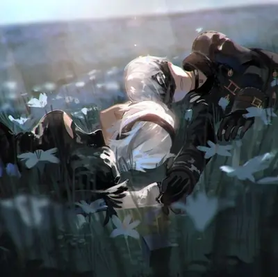 Fan art of 2B (YoRHa No.2 Type B) from NieR: Automata lying in a field of white flowers, blindfolded and wearing her signature black dress.