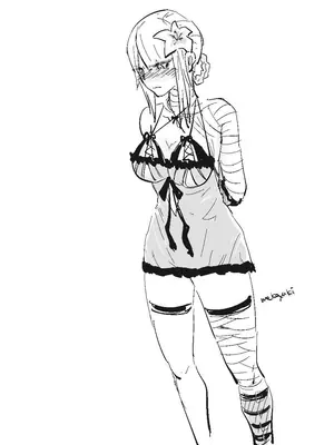 Black-and-white line art of 2B (YoRHa No.2 Type B) from NieR: Automata wearing a gothic-lolita dress and blindfold.